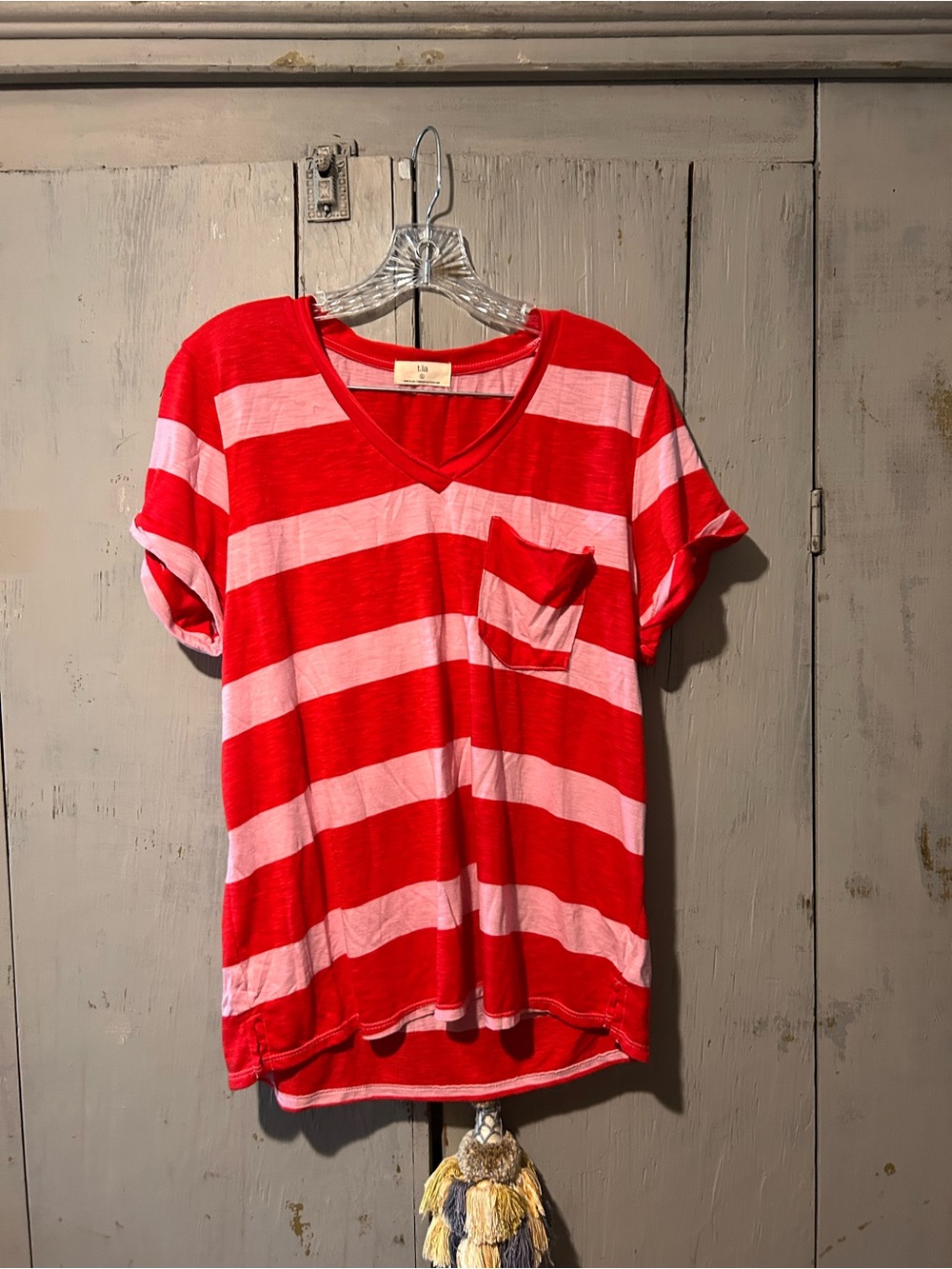 t.la Pink and Red striped V-neck tee